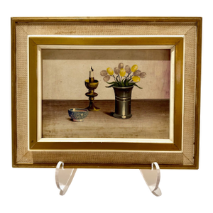 Mid 20th Century Framed v. Weley Still Life Oil on Board With Floral Vase and Candle