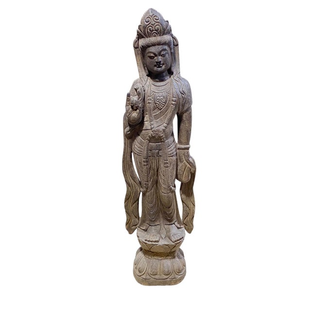 Stone Vintage Hand Carved Stone Quan Yin Statue the Goddess of Life 48" H For Sale - Image 7 of 9
