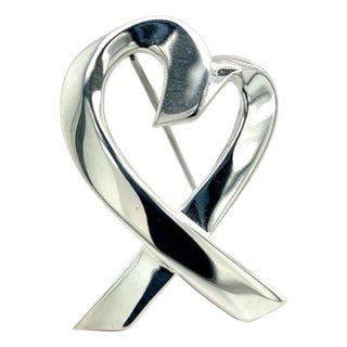 1990s Tiffany & Co Estate Heart Brooch Pin Sterling Silver For Sale