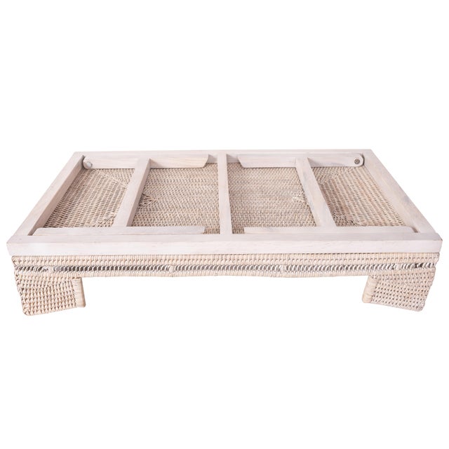 2020s Artifacts Rattan Scallop Design Breakfast Tray with Wooden Legs, White Wash For Sale - Image 5 of 6