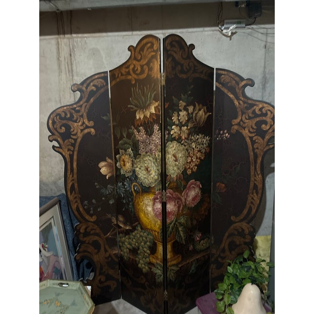 Stunning Cerede three-panel folding decorative screen featuring a dramatic floral still-life composition surrounded by...