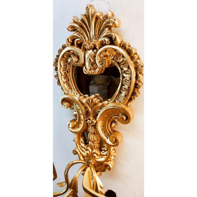 Mid-Century Modern Wood Applique with Mirror and Gold Leaf with Parchment Lampshades For Sale - Image 3 of 18