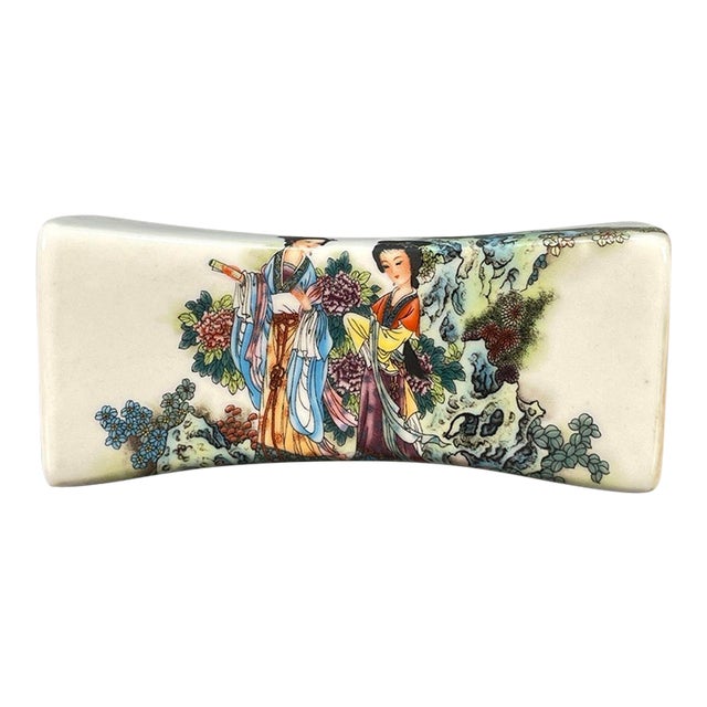 Vintage Famille Rose Porcelain Pillow / Wrist Rest – Ladies & Floral Motif, Qianlong Mark For Sale
