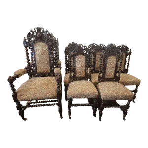 1880s Antique Jacobean Revival, French Renaissance Set 10 Chairs 8 Plus Two Armchair Thrones