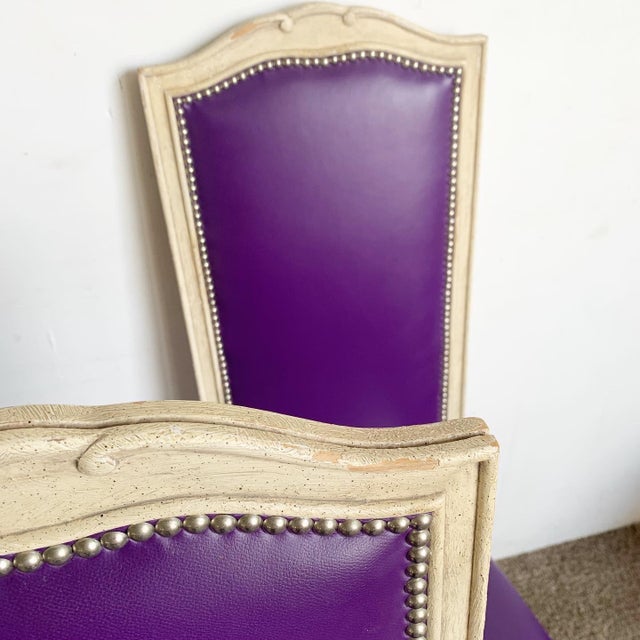 Wood French Provincial Purple Vinyl and Platted Back Dining Chairs - Set of 4 For Sale - Image 7 of 12