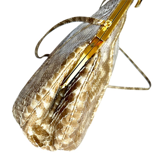 Tan 90s Judith Leiber Pouch Snakeskin Tan Beige Clutch Shoulder Bag Tiger Eye Gemstone Vintage For Sale - Image 8 of 16