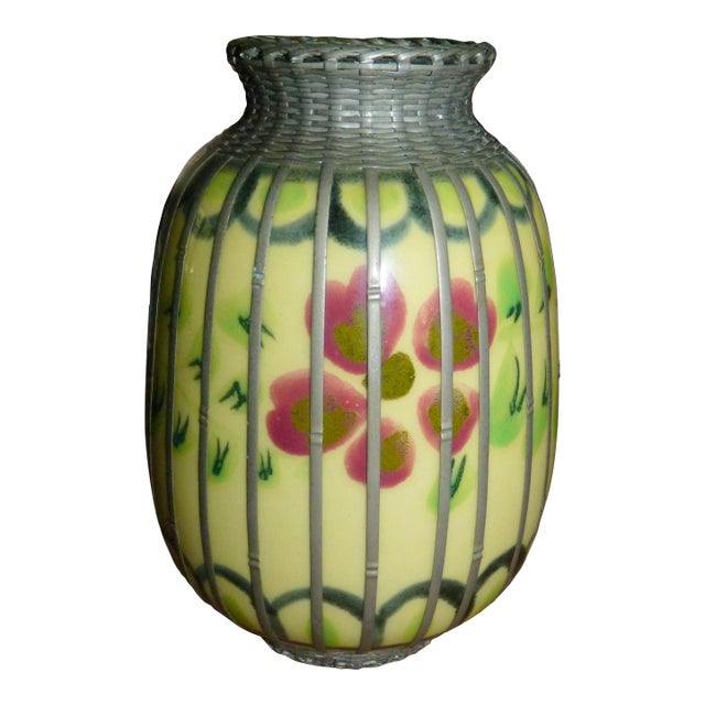 1900s Japanese Meiji Awaji Pottery Vase With Silver Basket-Weave Overlay For Sale