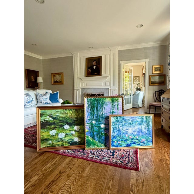 Mid 20th Century Erwin Steinhauser in style of Oscar-Claude Monet Pink Water Lilies Under the WIllow on Blue Impressionist Landscape Oil Painting For Sale - Image 4 of 5