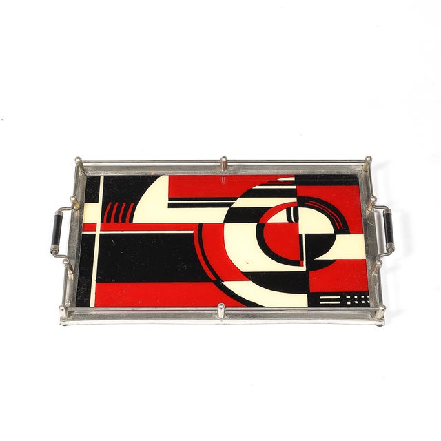 Documented Art Deco Spiral Cubist Eglomise White, Cream & Black Detailed Tray For Sale - Image 9 of 10