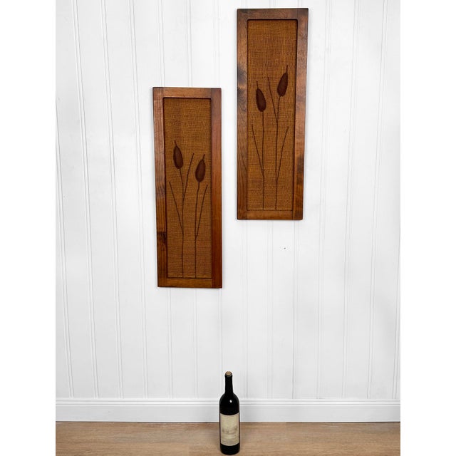 A Pair of Mid-Century Cattail Embroidered Burlap Wall Art Panels, c.1960's - Matching Pair - Each Panel Features an...