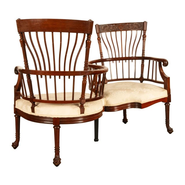 Wood Antique American Carved Mahogany Conversation Sofa Chair Loveseat Tête-À-Tête, Circa For Sale - Image 7 of 17