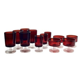1990s Cristal D’Arques-Durand “Cavalier (Ruby Red)” 12-Piece Glassware Drinkware Set For Sale