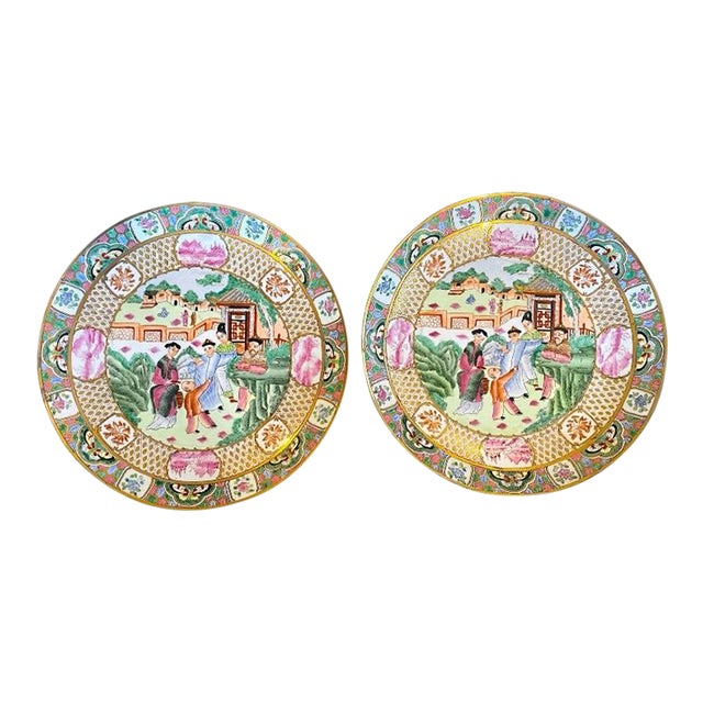 Matching Pair of Vintage h.f.p. Macau, Mid Century, Famille Rose Porcelain Large Decorative Plates/Chargers For Sale
