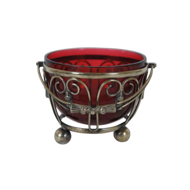 Victorian Antique James Kirkby Silver Plate Basket & Ruby Glass Insert Nut Jam Preserve For Sale - Image 3 of 12