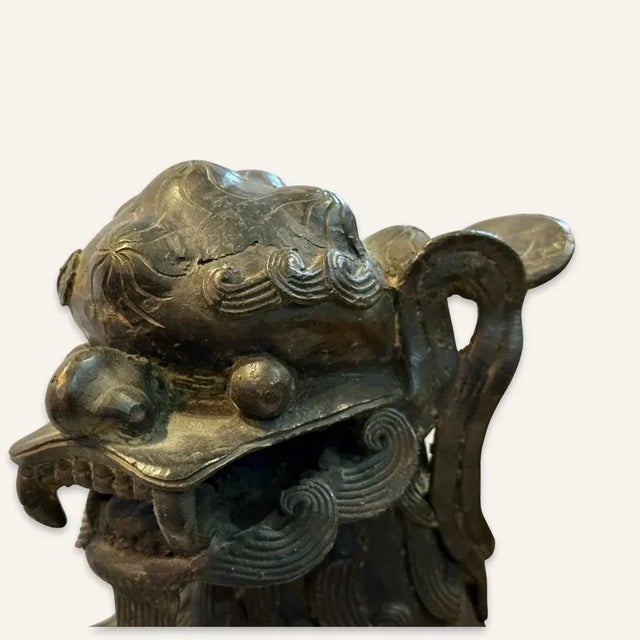 Pair of 17th Century Late Ming Bronze Foo Dogs With Stands For Sale - Image 4 of 13