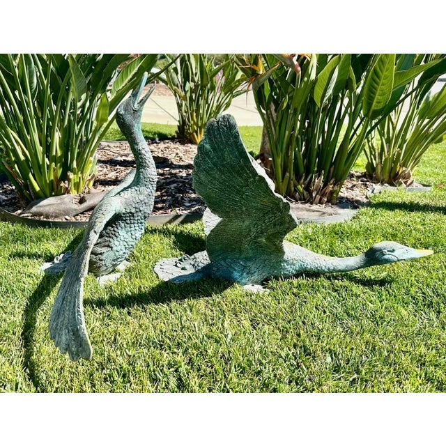 1920s 1920s Pair of Large Japanese Bronze Garden Duck Sculptures – Verdigris Patina, Life-Size Waterfowl Statues For Sale - Image 5 of 18