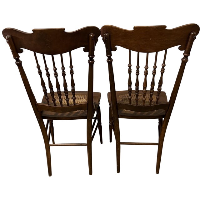 American A Pair of Antique Oak Press Back Side Chairs With Cane Seats For Sale - Image 3 of 6
