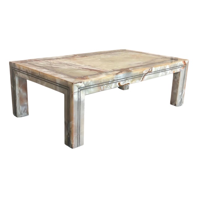 Early 20th Rectangular Green Onyx Coffee table with Metal Marquetry For Sale