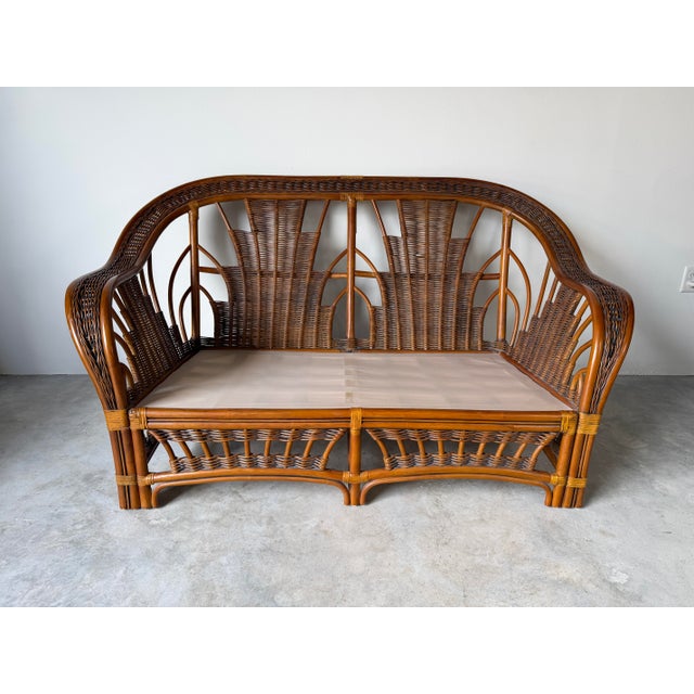 Vintage Coastal Organic Bohemian Rattan & Leather-Wrapped Loveseat For Sale - Image 4 of 12