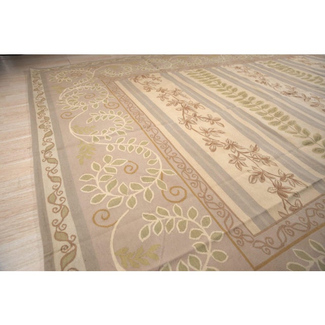 Textile 9x12 Vintage Aubusson Flat Weave Wool Rug, Lilac Grey Fern and Vine Stripe For Sale - Image 7 of 16