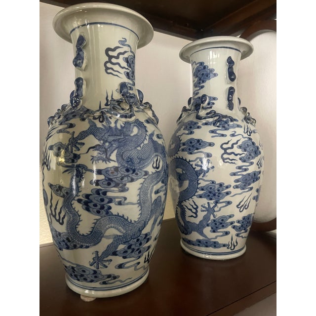 Pair of 16" Dragon Vaases in Blue/WHT Porcelain For Sale - Image 10 of 10