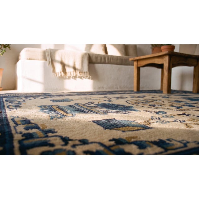 Ivory 1890s White Blue Medallion Antique N. Chinese Mongolian Rug 4'3" X 5'10" Handknotted Wool Carpet For Sale - Image 8 of 9