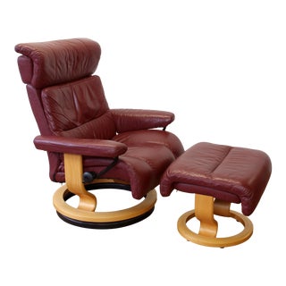 Vintage Ekornes Stressless Maroon Leather Recliner Armchair and Ottoman For Sale