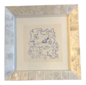 Original Vintage Wayne Cunningham Small Abstract Ink Drawing Pearlized Frame