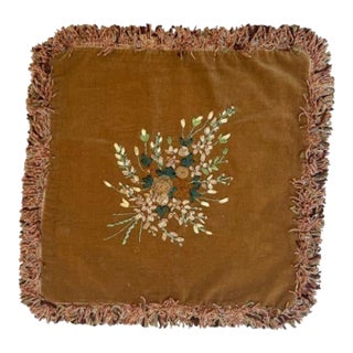 Vintage Embroidered Velvet Cushion Cover With Floral Bouquet & Fringe, 16" For Sale