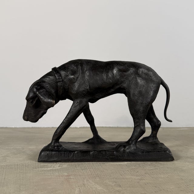 Finely cast bronze sculpture depicting a hunting hound in motion, head lowered in a tracking posture. The piece conveys a...