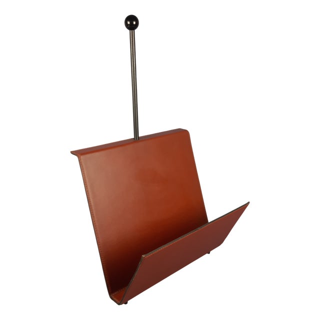 Italian Magazine Rack in Brown Leather and Metal from Porada, 1980s For Sale