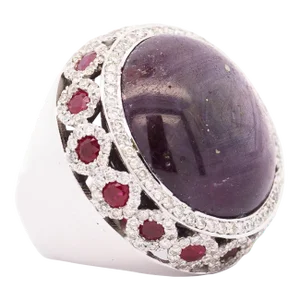 Vintage 50 Carat Star Ruby Cabochon 18k White Gold Gypsy Style Heavy Ring Size 8