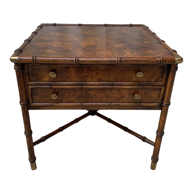 Vintage Campaign Hekman Faux Bamboo Burl Wood Side Table With Drawers Chairish
