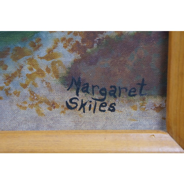 Late 20th Century Margaret Skiles White Farmhouse in Autumn Oil Painting on Board 30" For Sale - Image 5 of 13