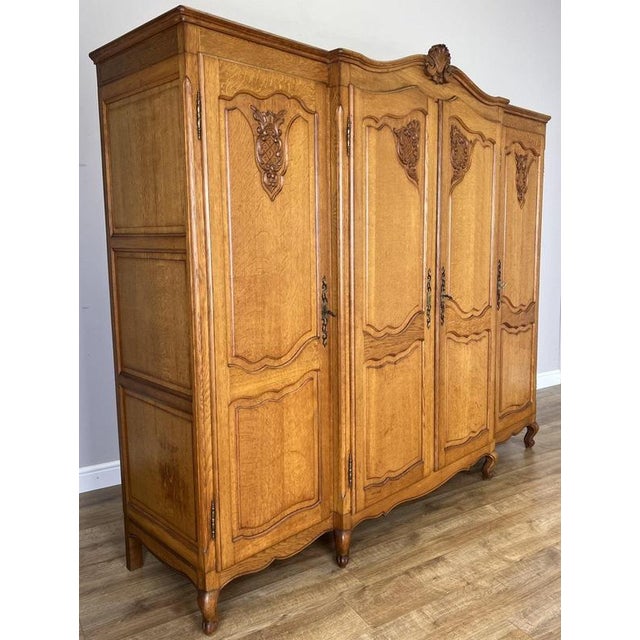 Vintage French Louis XVI Style Carved Oak 4-Door Wardrobe For Sale - Image 3 of 14