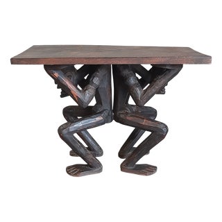African Table in Carved Wood with Tribal Sculpture For Sale