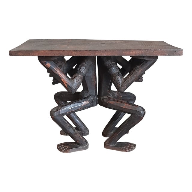 African Table in Carved Wood with Tribal Sculpture For Sale