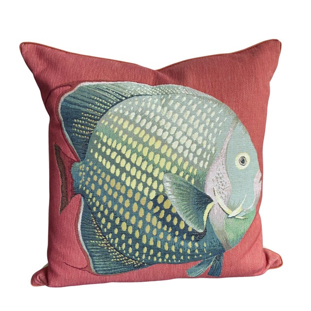 Coastal Pair of Iosis Paris Tropical Fish Decorative Pillows in Coral For Sale - Image 3 of 6