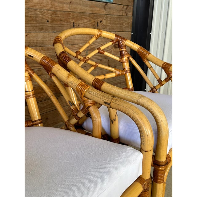 1970s 1970’s Coastal Bamboo Rattan Chippendale Custom Upholstered Side Chairs-Pair For Sale - Image 5 of 10