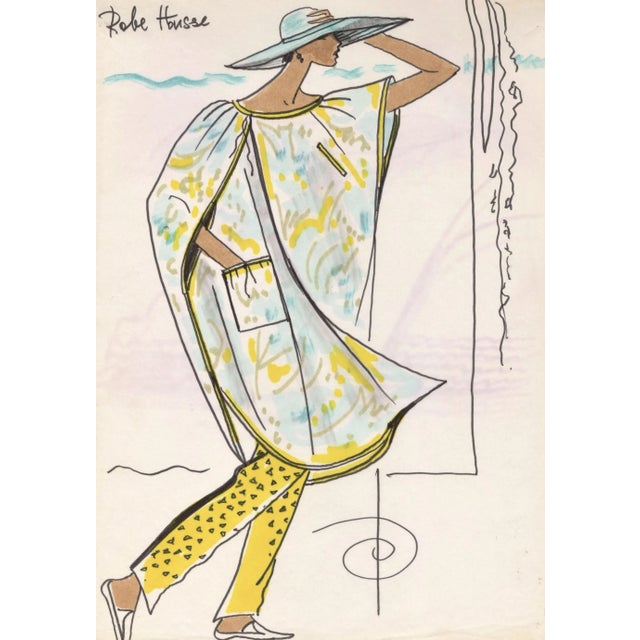 1980's Rare Original French Fashion Drawing Summer Beach Cruise Wear For Sale - Image 4 of 4