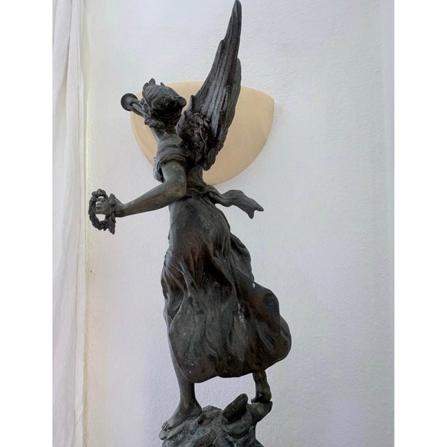Green Early 20th Century La Renommée Winged Victory Sculpture After L. & F. Moreau on Green Marble Base For Sale - Image 8 of 9
