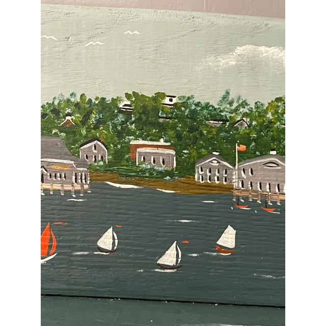 Nautical “Nantucket Harbor” Hand-Painted Bench by Gerry Scheide | Original Folk Art Coastal Scene, 2014 For Sale - Image 3 of 10