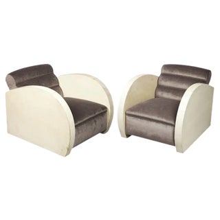 Set of Art Deco Parchment & Velvet Armchairs, 1940s For Sale