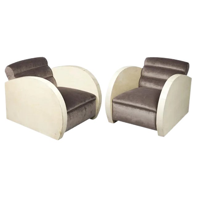 Set of Art Deco Parchment & Velvet Armchairs, 1940s For Sale