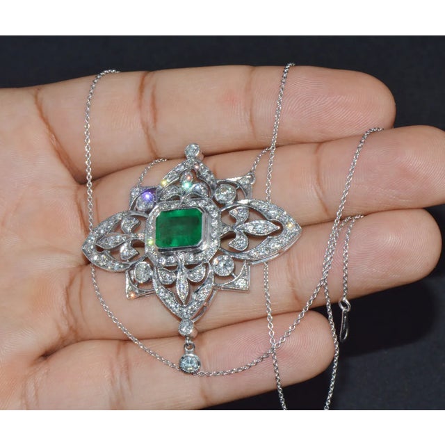 Green Vintage Art Deco GIA Natural 6.91Cts VS F Diamond Emerald 18K Solid Gold 950 Platinum Pendant Necklace For Sale - Image 8 of 10