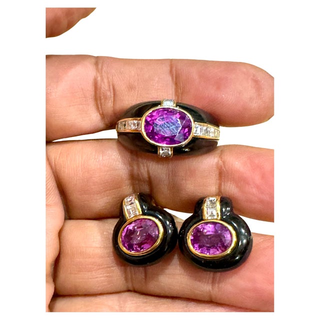 6Ct Natural PURPLE Sapphire , Black Onyx & Pave Diamond Ring & Earring Set 18KG For Sale - Image 4 of 18