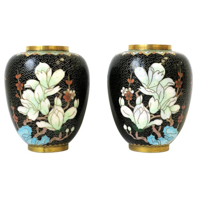 Black Gold and Pastel Colors Cloisonné́ Enamel and Brass Flower Vases - a Pair For Sale - Image 13 of 13