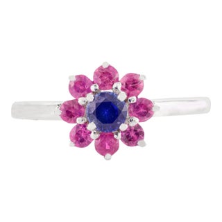 Modern 8 Ruby & Center Sapphire Flower 14k Gold Ring Size 7 For Sale