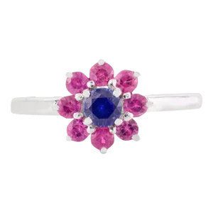 Modern 8 Ruby & Center Sapphire Flower 14k Gold Ring Size 7