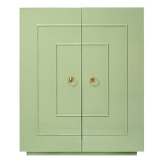 Matthew Izzo Home - Judd Glossy Celedon Lacquer Storage Cabinet With Acrylic and Brass Knobs For Sale